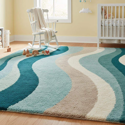 Abstract curvy design area rug in blue tones styled with vintage furniture and indoor plants.