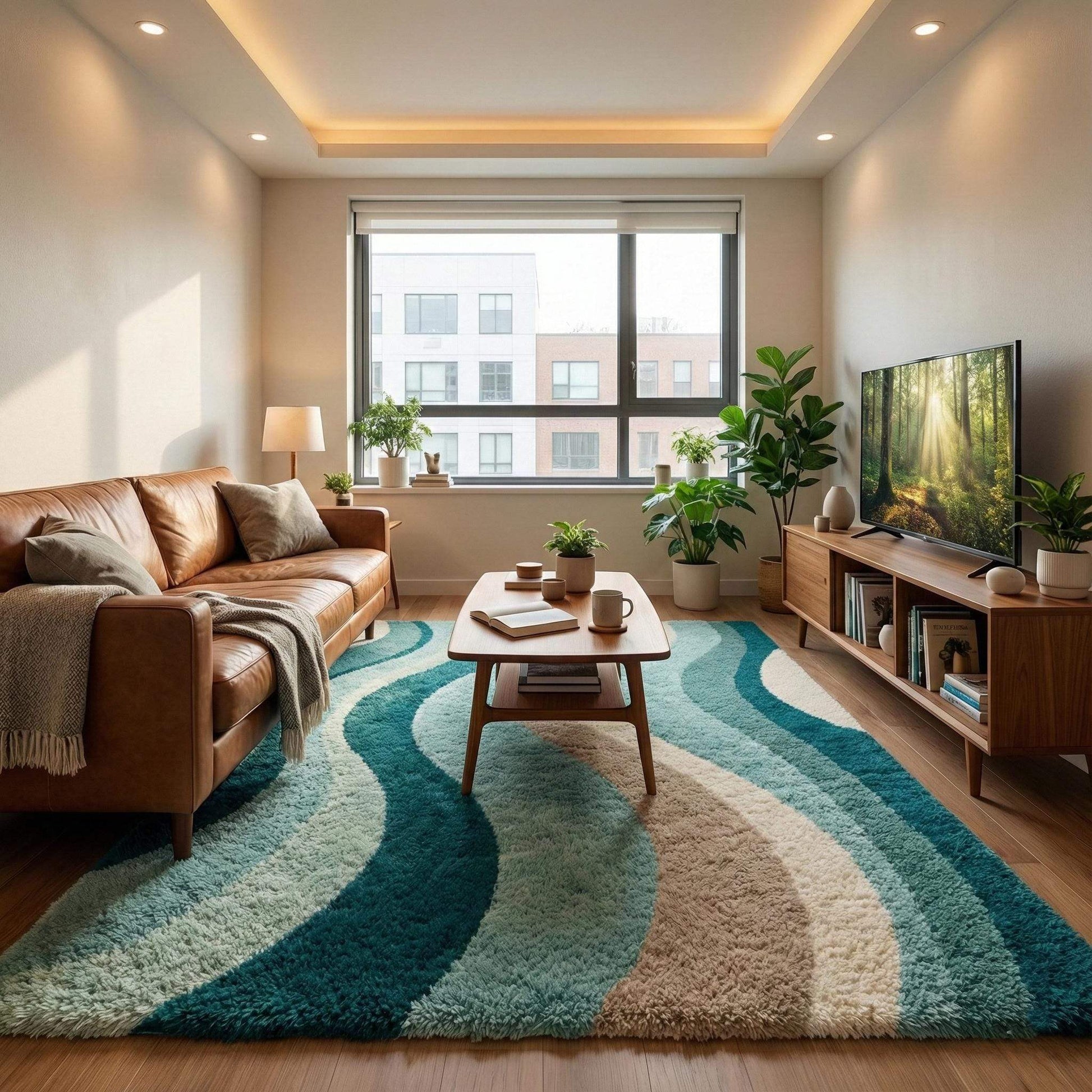 Mid century modern rug with teal beige abstract wavy design and plush pile carpet