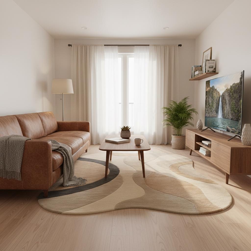 Custom size wool rug with organic lines and cozy texture placed in minimalist living room interior.