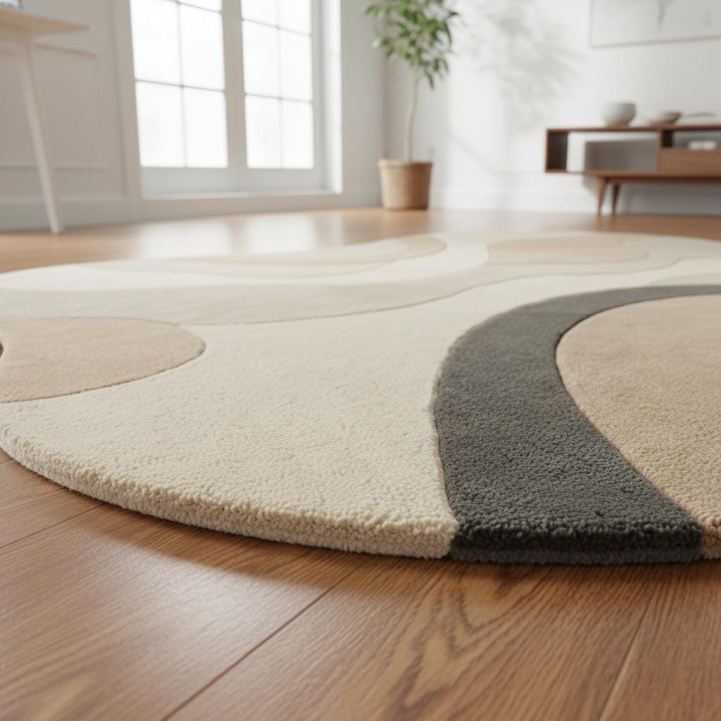 Soft modern wool rug with neutral palette and flowing shapes styled with mid-century chair and wooden sideboard.