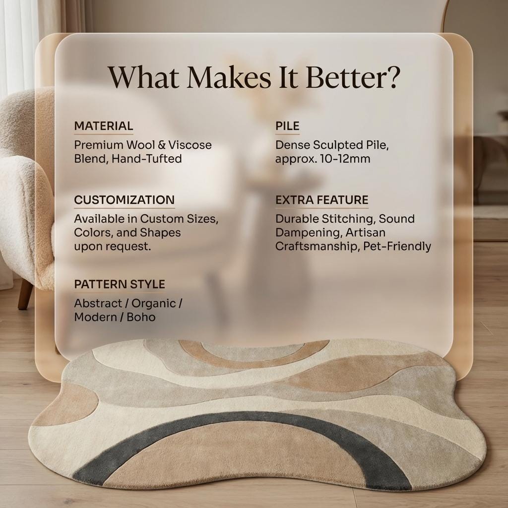 Hand tufted wool rug with organic abstract shape in neutral tones for modern home decor