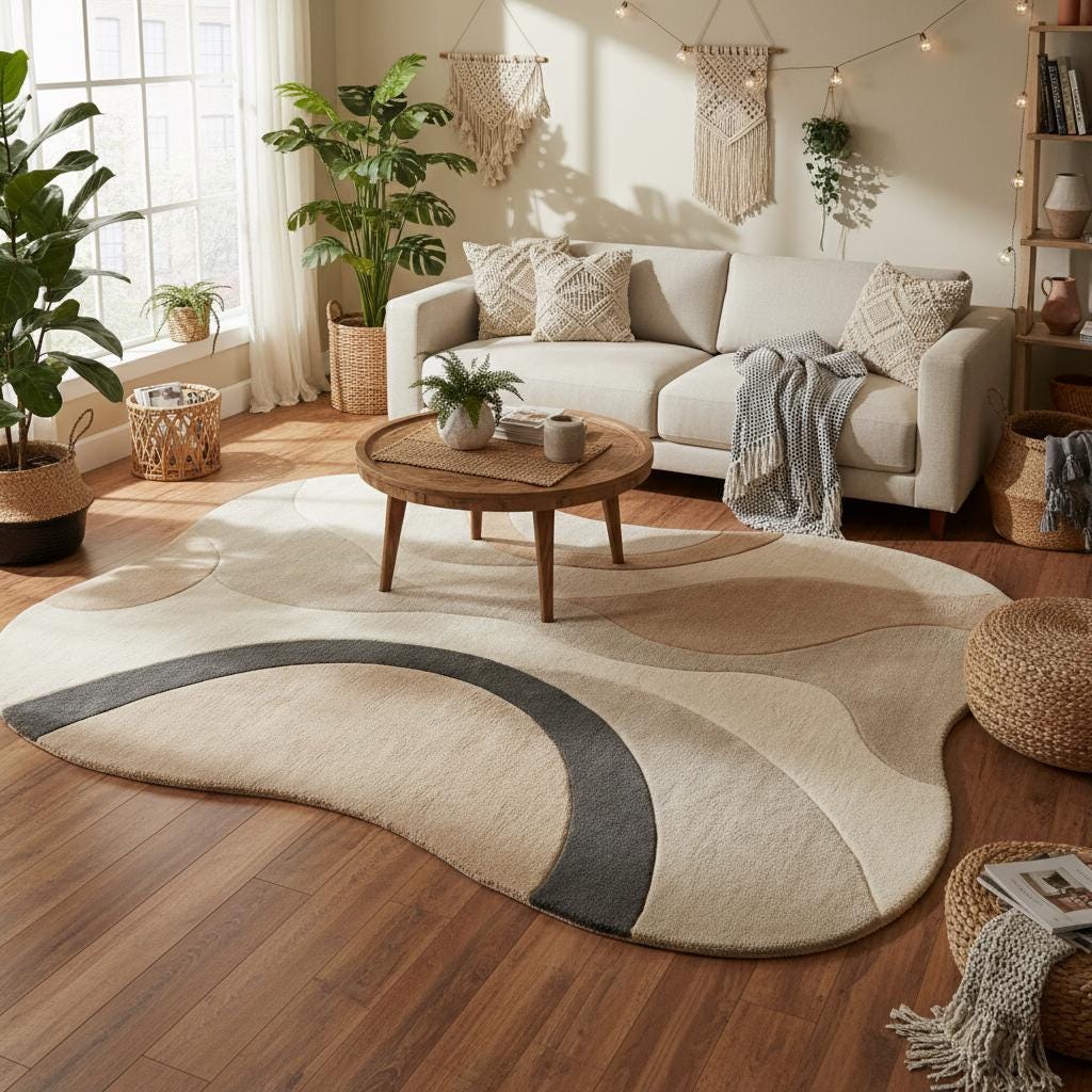 Modern hand-tufted area rug with sculptural curved design in soft earthy tones, styled in bright contemporary home.