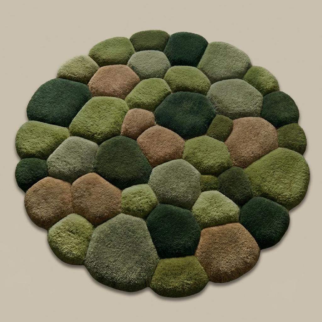 Unique textured moss rug with sculpted pebble design on a smooth concrete floor, perfect for cozy natural home décor.