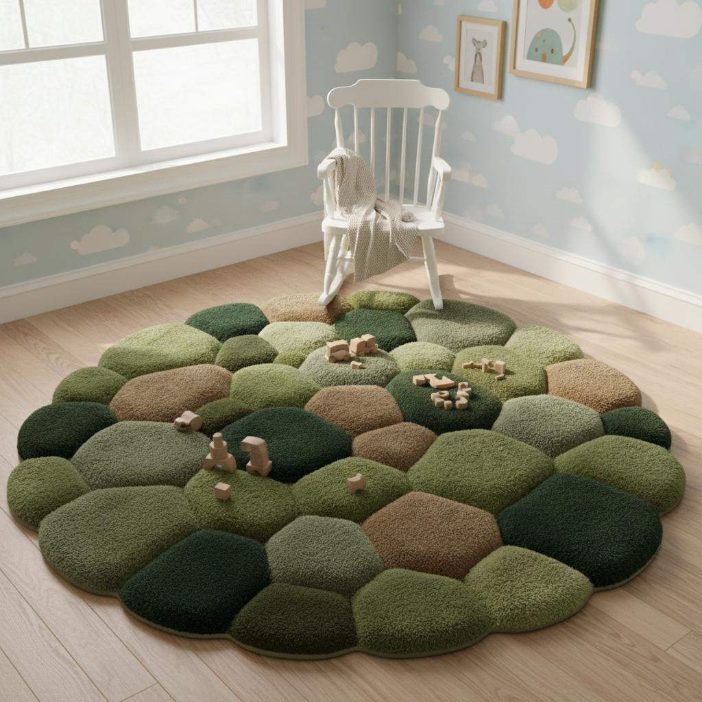 Close-up of multi-height tufted stone rug featuring forest greens and browns, adding warmth and texture to interior décor.