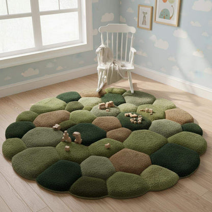 Close-up of multi-height tufted stone rug featuring forest greens and browns, adding warmth and texture to interior décor.