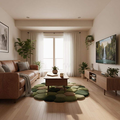 Nature-themed round area rug with moss-like plush stones arranged in varying sizes beneath a low wooden table.