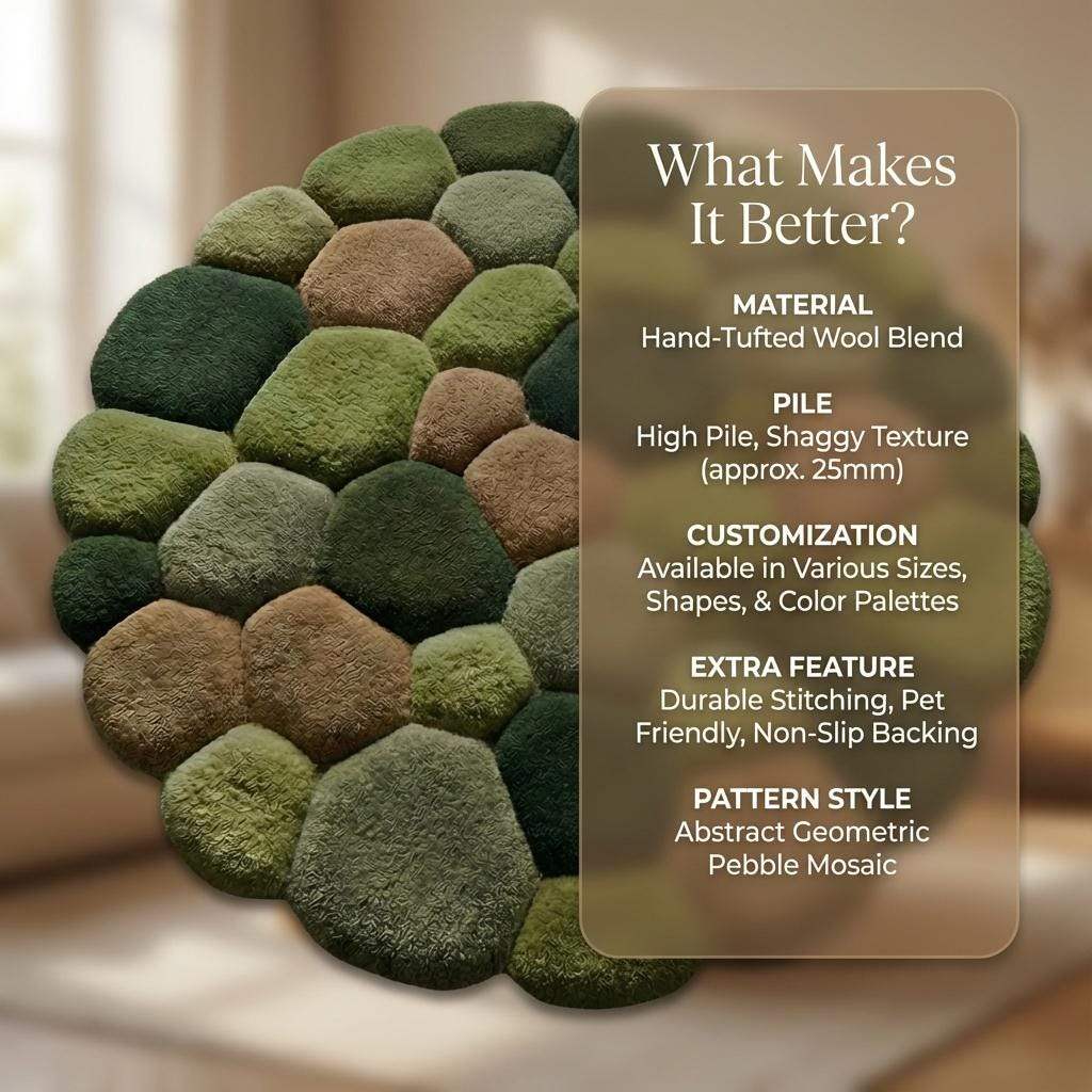 Soft textured green moss rug with 3D pebble stone design for organic home decor
