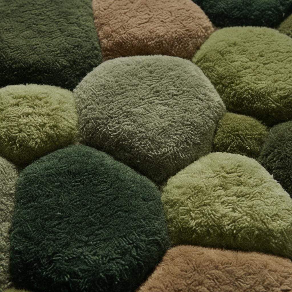Soft textured green moss rug with 3D pebble design for modern organic floor decor