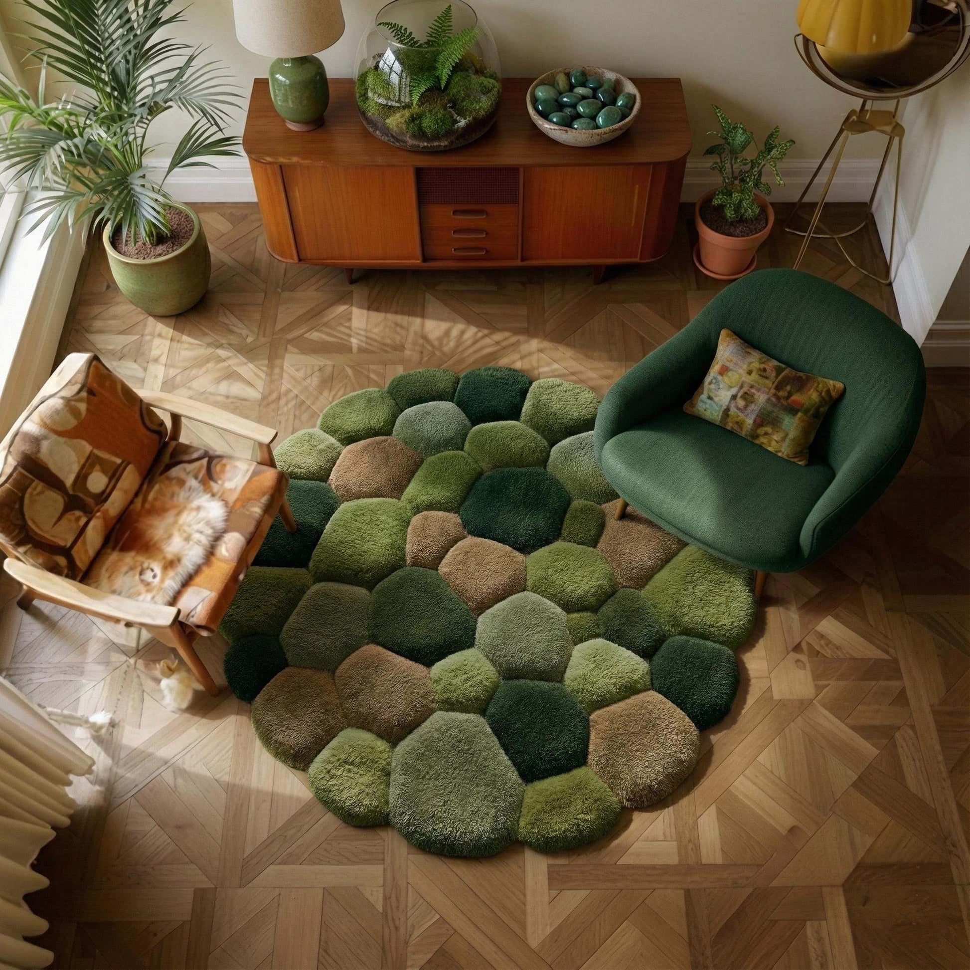 Soft textured green moss rug with 3D pebble stone design for organic home decor