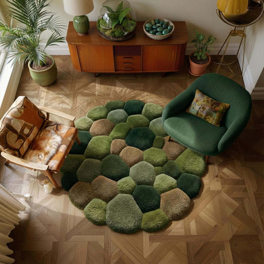 Soft textured green moss rug with 3D pebble stone design for organic home decor