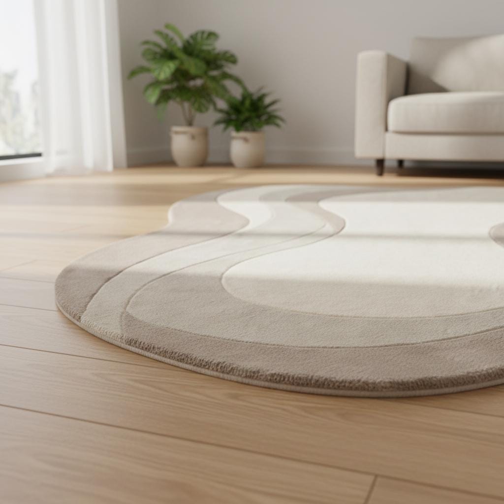 Wavy area rug with neutral curved abstract design and plush soft texture