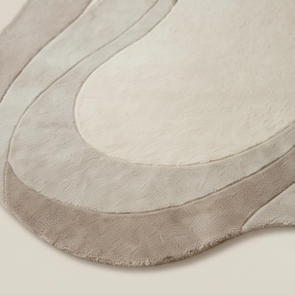 Neutral wavy area rug with sculpted curved abstract design and plush soft texture for modern living rooms
