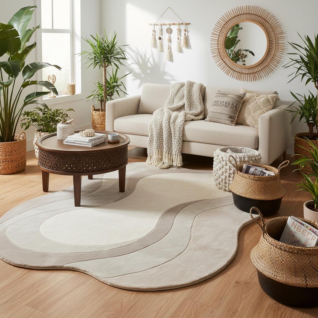Contemporary wavy beige rug adding texture and flow to a minimalist living room arrangement with natural light and greenery.