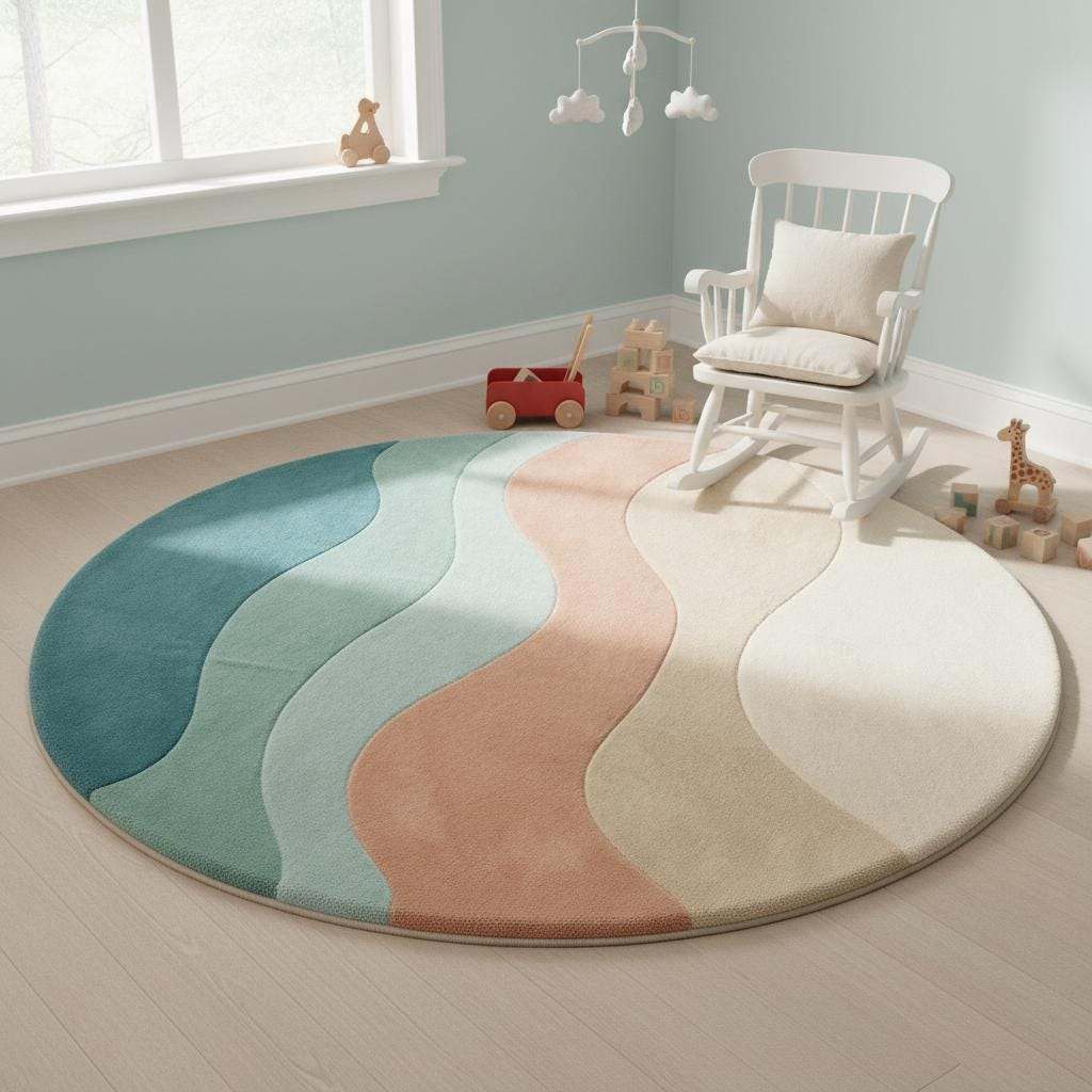 Contemporary abstract rug in calming earth-tone waves adding warmth and style to a cozy living room corner.