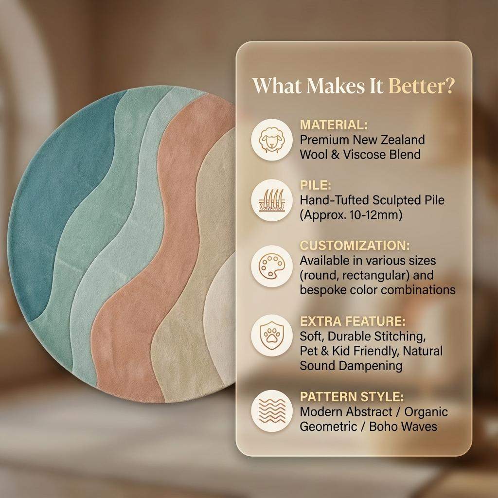 Modern round wavy area rug with soft plush texture and curvy wave design in neutral tones