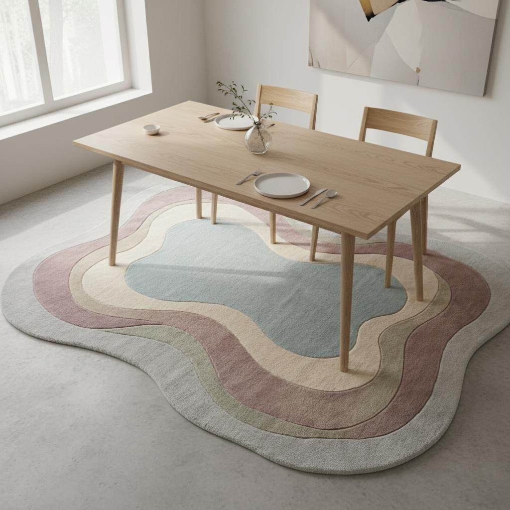 Cozy modern decor scene featuring a handcrafted wool rug with soothing color gradients and curved, organic edges.