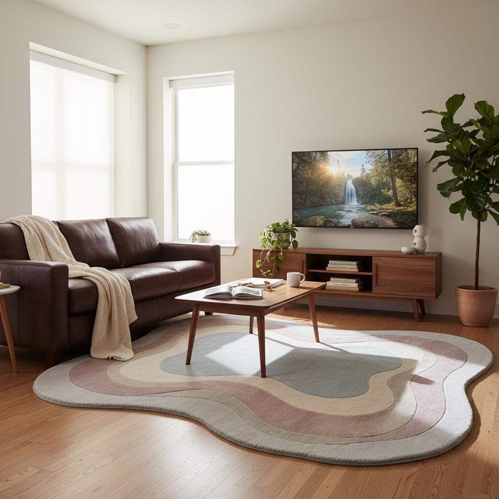 Soft wool handmade rug with flowing layered shapes in beige, mauve, and blue tones, styled under natural window light.