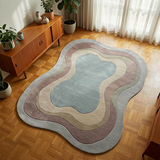 Handmade wool rug with organic shape and soft tufted texture for cozy living room decor
