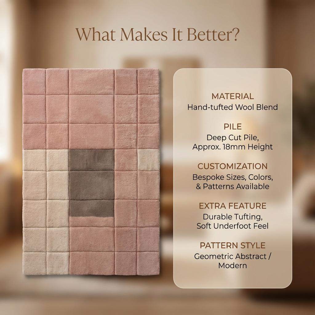 Modern geometric rug with plush pink neutral textured grid pattern for living room and bedroom