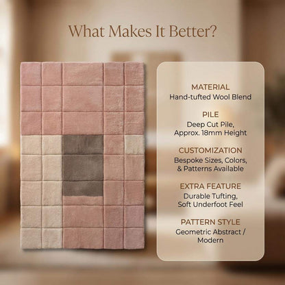 Modern geometric rug with plush pink neutral textured grid pattern for living room and bedroom