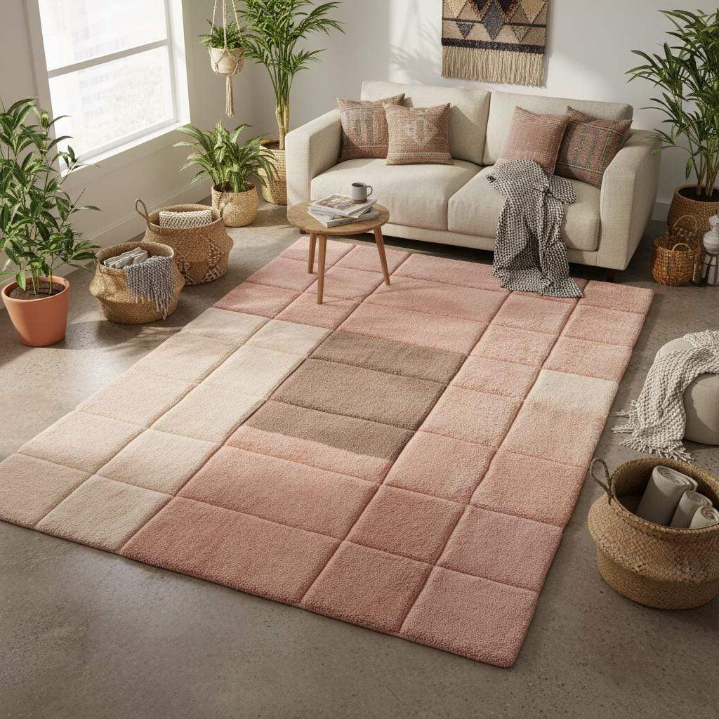 Modern geometric rug in plush pink neutral tones with textured grid pattern for living room and bedroom decor
