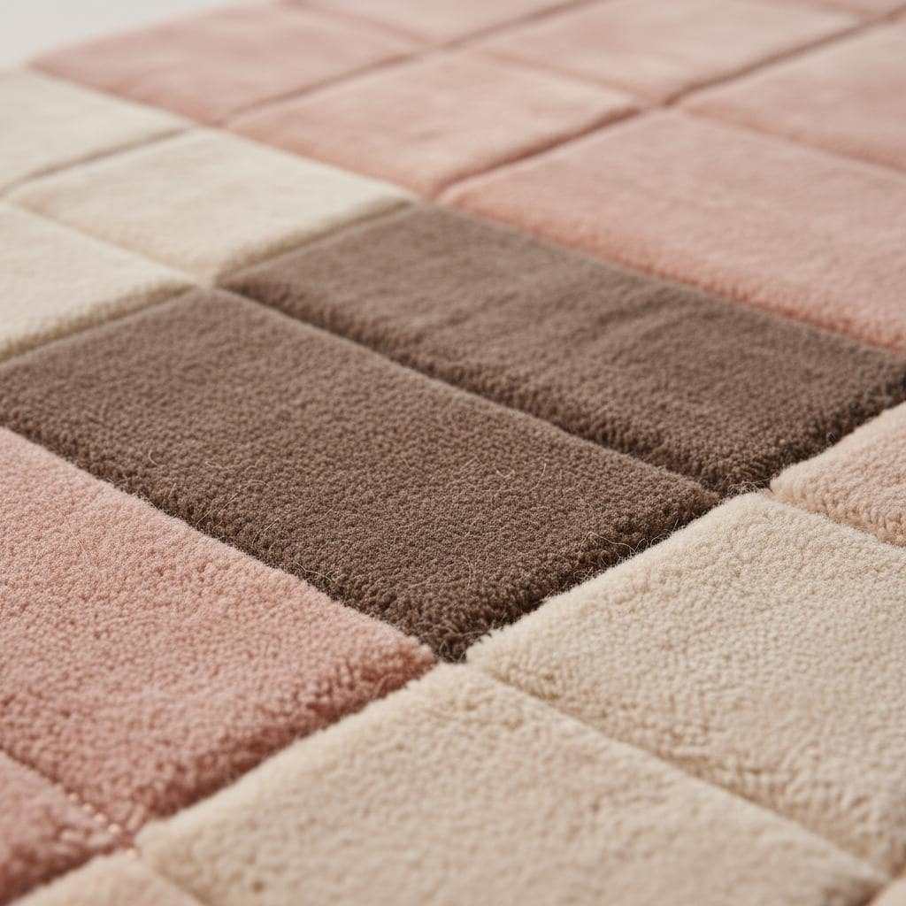 Modern geometric rug with plush pink neutral textured grid pattern for living room and bedroom