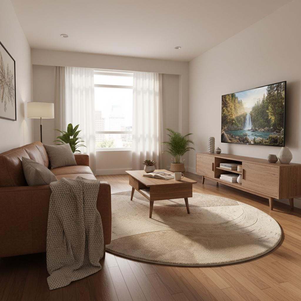 Textured modern wool rug in round shape, displayed in an elegant room with warm wood floors and minimalist furniture.