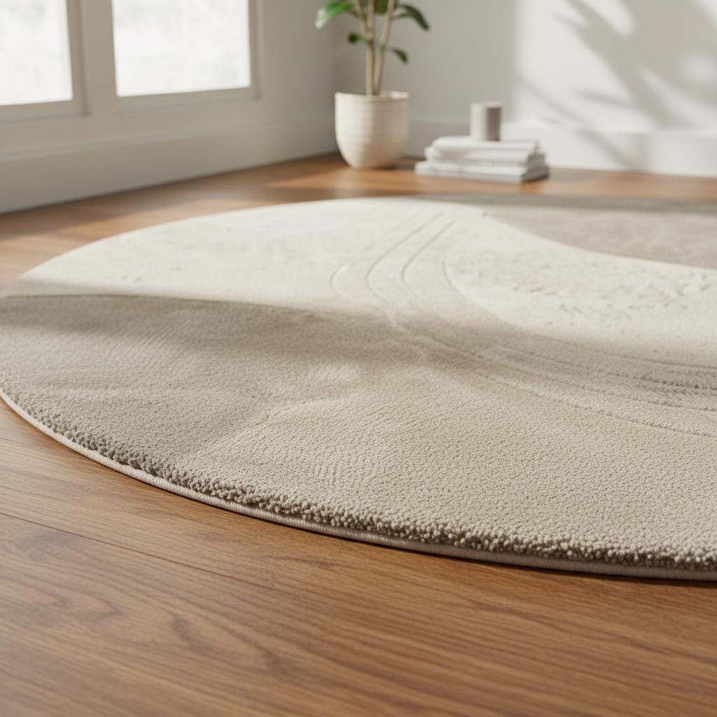 Luxury beige and cream circular carpet made from wool, styled in a serene Japandi-inspired room with natural sunlight.