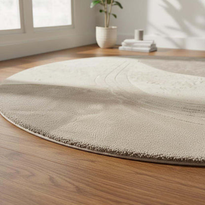 Luxury beige and cream circular carpet made from wool, styled in a serene Japandi-inspired room with natural sunlight.
