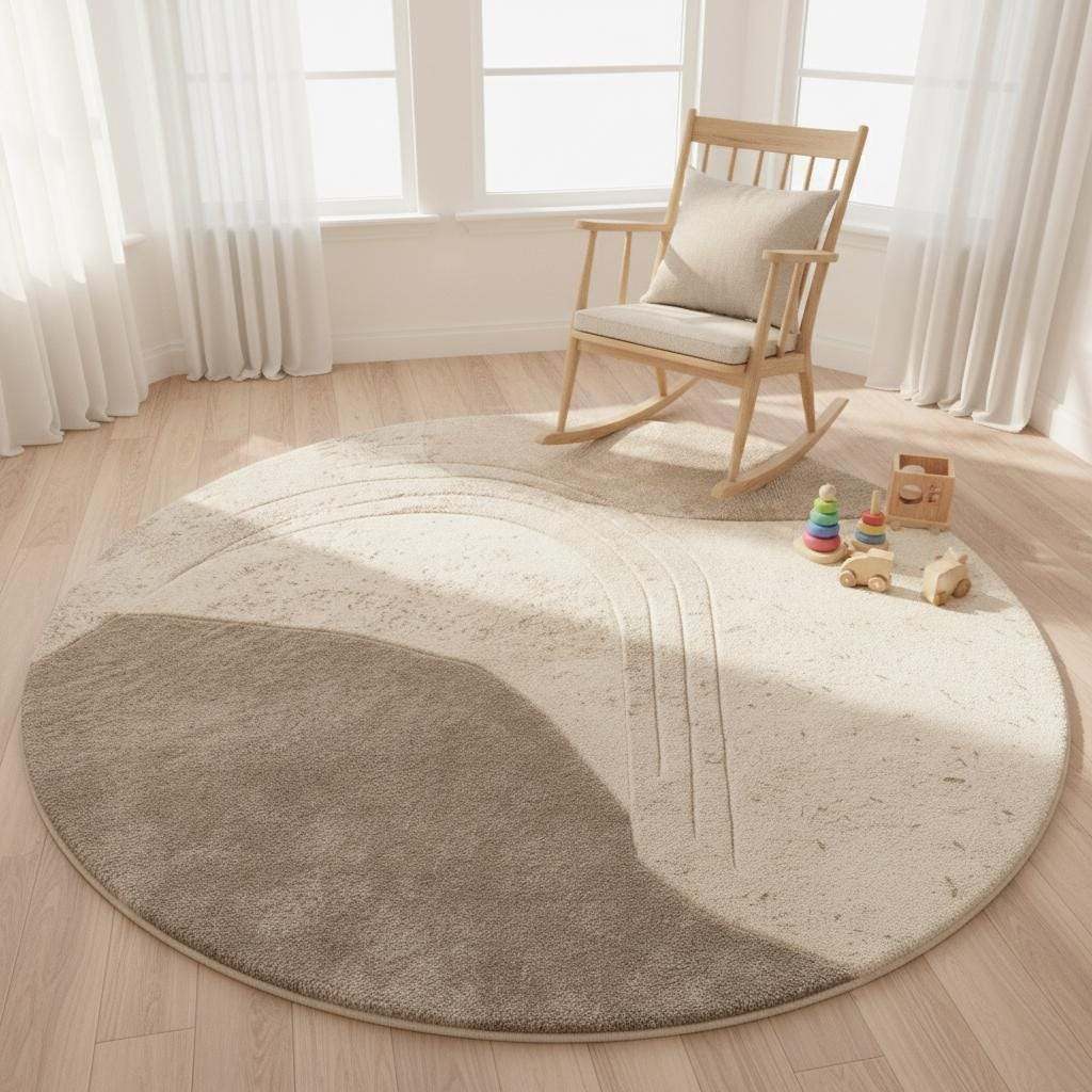 Soft sculpted wool area rug in neutral tones creating a calming focal point in a contemporary minimalist home setting.