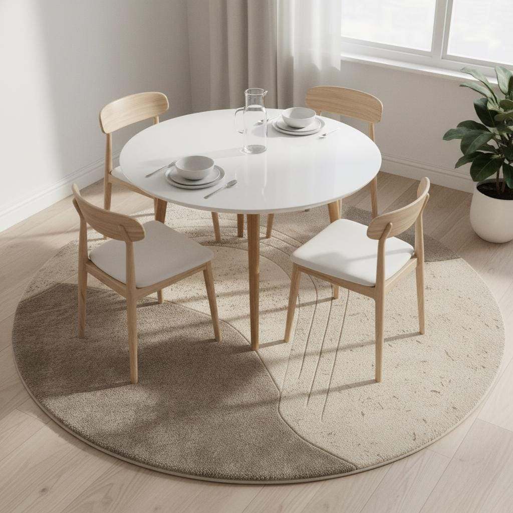 Neutral sculpted wool rug with textured surface for minimalist living room decor