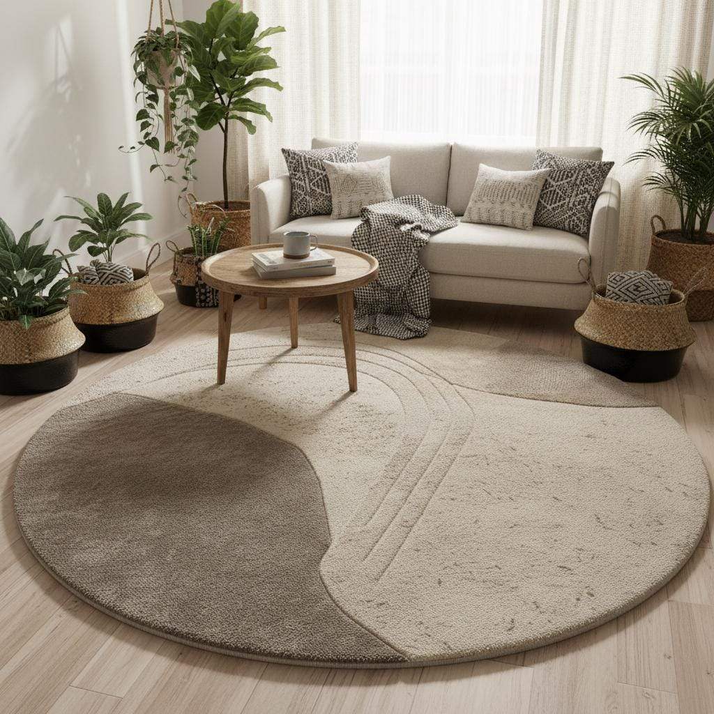 Minimalist neutral round area rug with sculpted design, shown in a bright living space with classic wall paneling and a mid-century wood chair.