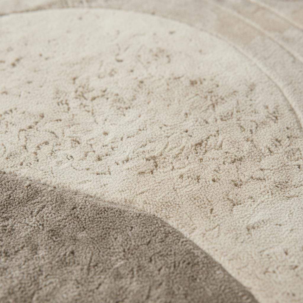Round sculpted wool rug with textured surface in neutral beige for minimalist living room decor