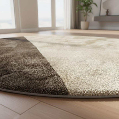 Modern round area rug in two tone cream and taupe with plush tufted texture and geometric Japandi design
