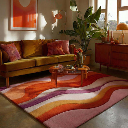 Retro wavy area rug with colorful 70s wave pattern and soft tufted wool texture