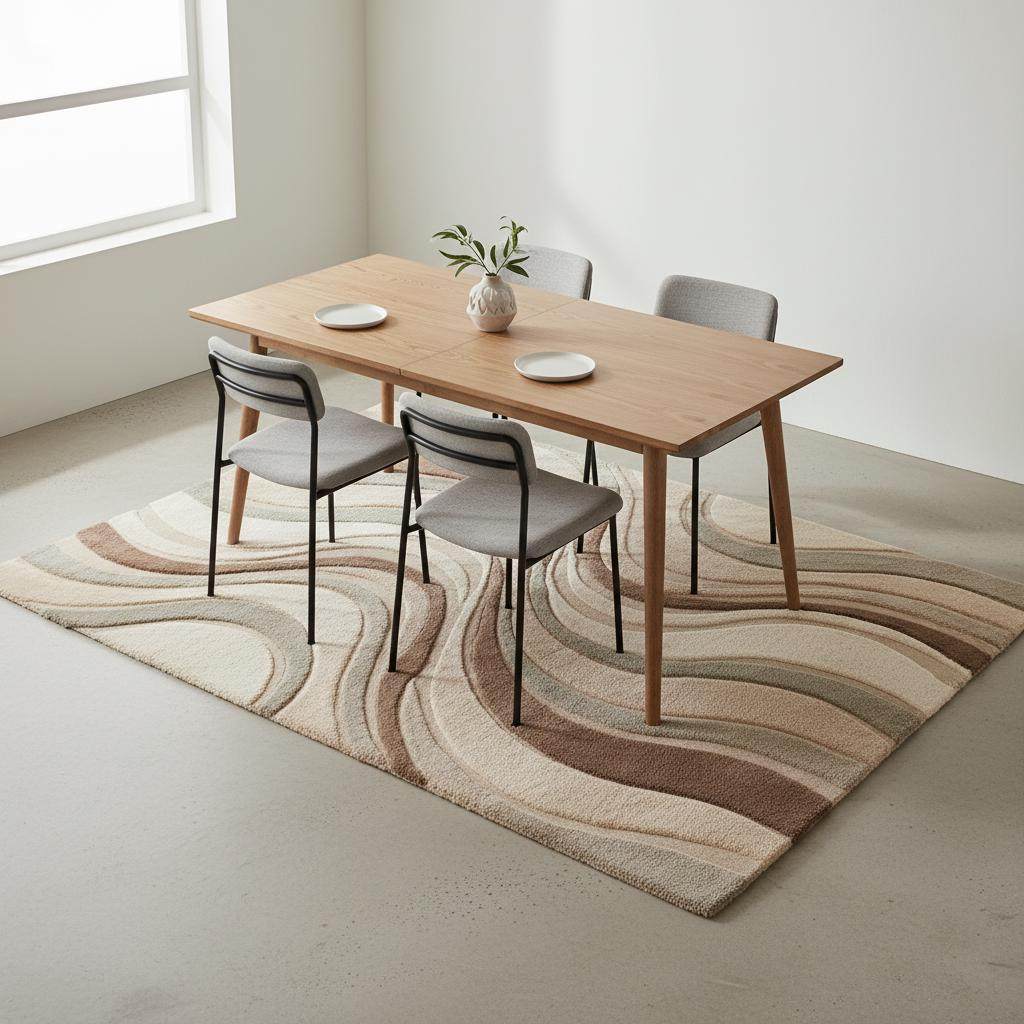 Neutral earth tone modern sculpted wave rug with textured 3D carved design in a living room setting