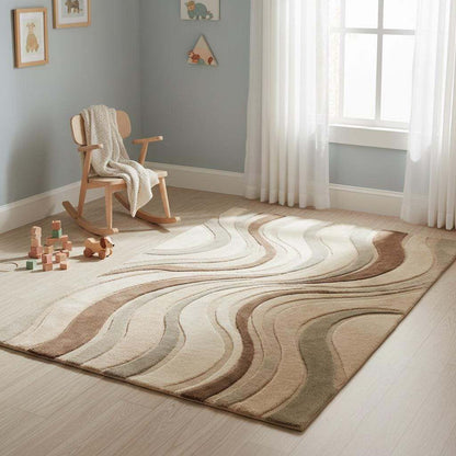 Neutral earth tone modern sculpted wave rug with 3D textured hand tufted wool blend design in living room setting