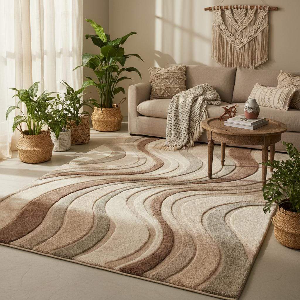 Plush modern sculpted wave rug with 3D textured design in neutral earth tones for contemporary living rooms