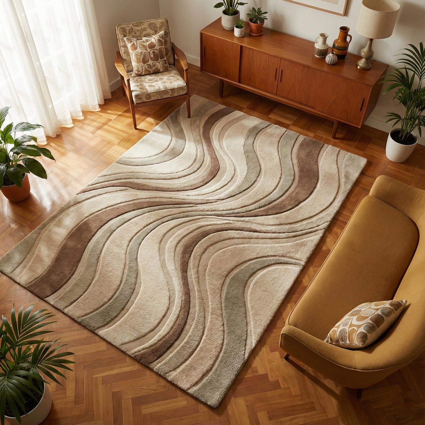 Modern sculpted wave rug in neutral earth tones with 3D carved wave design, plush hand tufted wool blend carpet for living rooms.