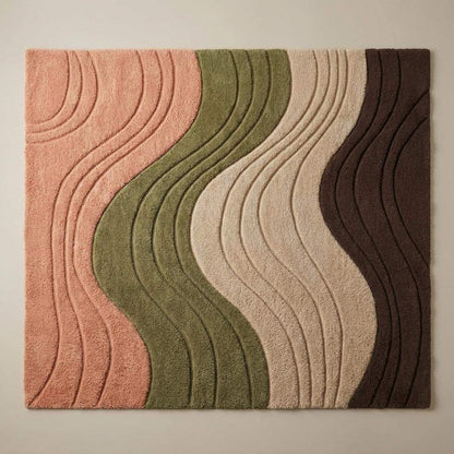 Contemporary wave design rug featuring raised curves and soft neutral colors styled beside a wooden sideboard and modern armchair.
