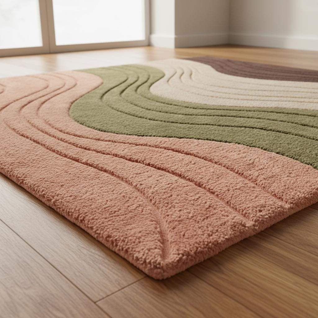 Beige modern wavy area rug with hand tufted textured waves and plush high pile carpet for living room comfort
