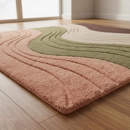 Beige modern wavy area rug with hand tufted textured waves and plush high pile carpet for living room comfort