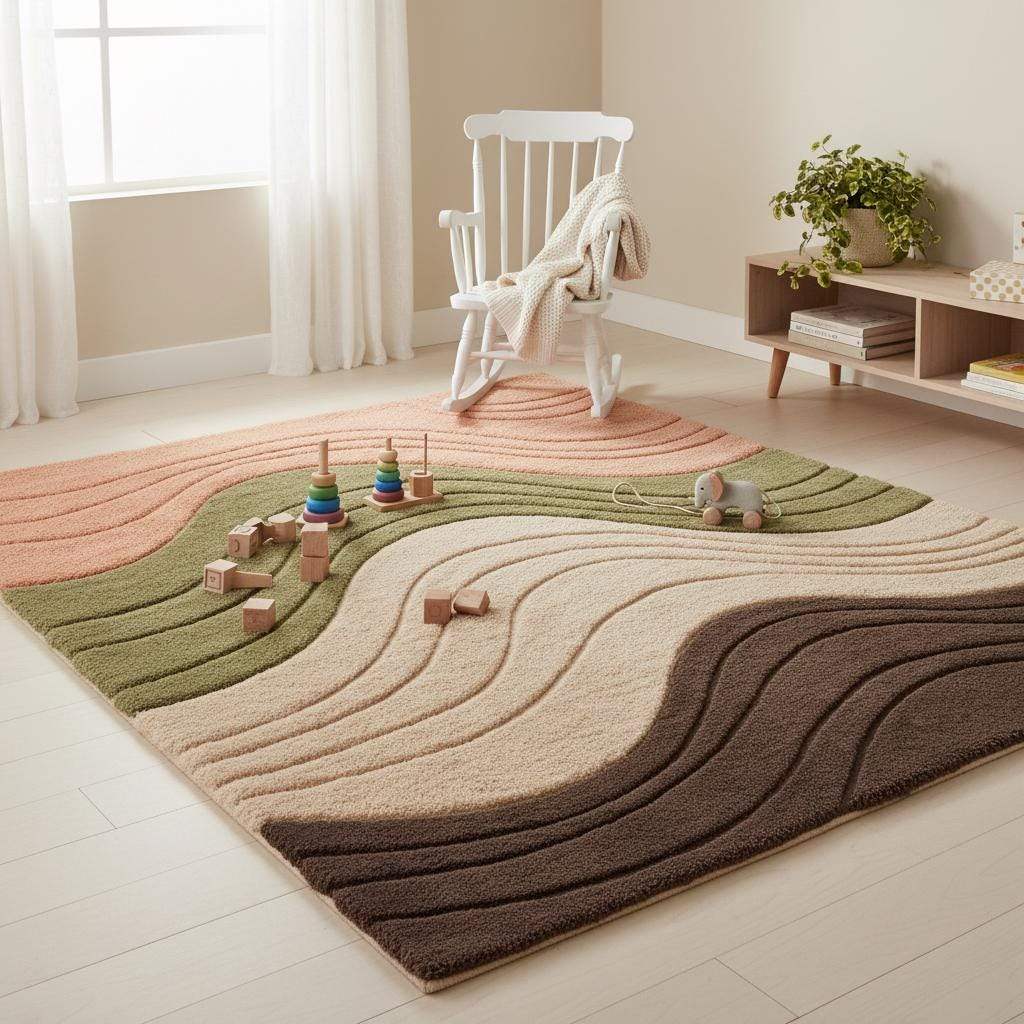 Elegant wavy design rug with plush 3D texture styled in a serene Japandi-inspired room with wooden décor accents.
