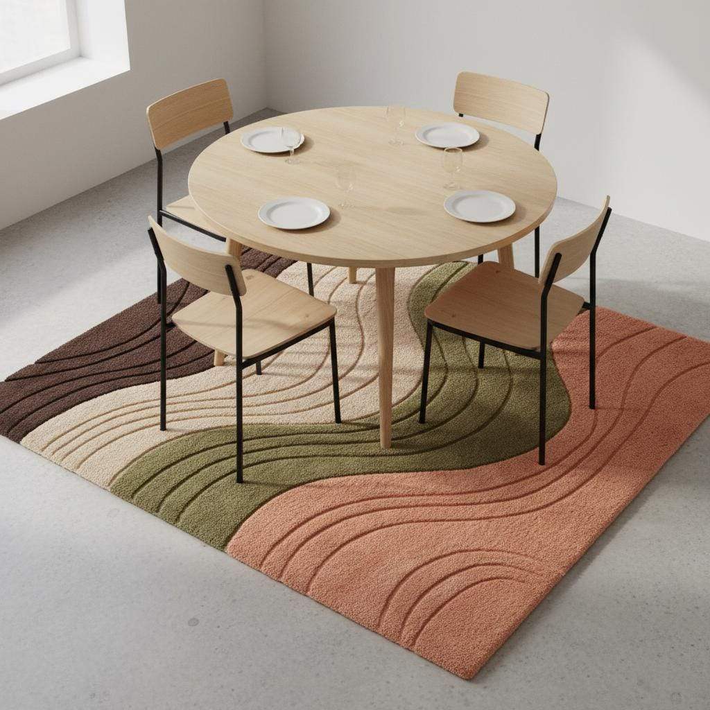 Textured contemporary rug with curved layered waves in peach, green, cream, and cocoa tones placed on a neutral floor.