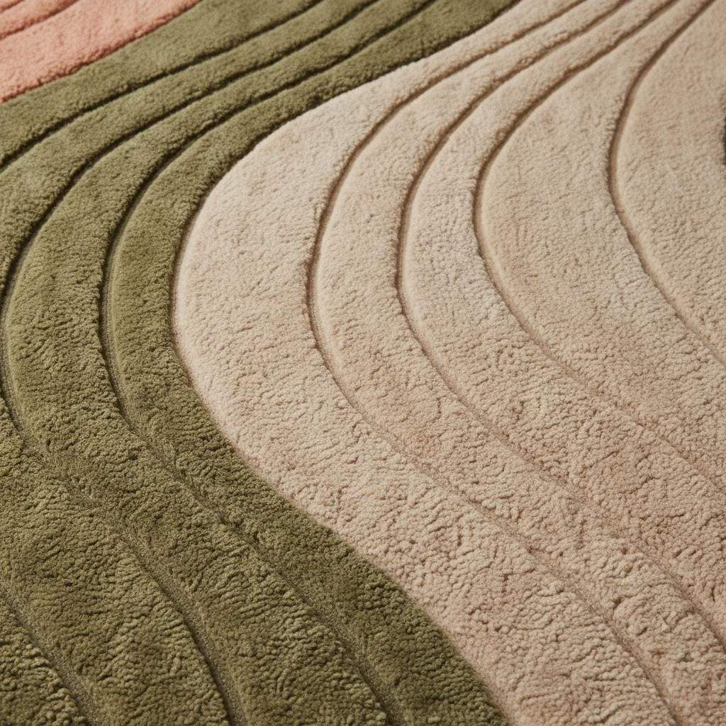 Beige modern wavy area rug with textured sculpted wave pattern and plush high pile carpet for living room decor