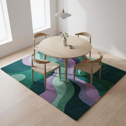 Modern wavy area rug with retro green and purple abstract pattern, plush and durable carpet for living rooms and bedrooms