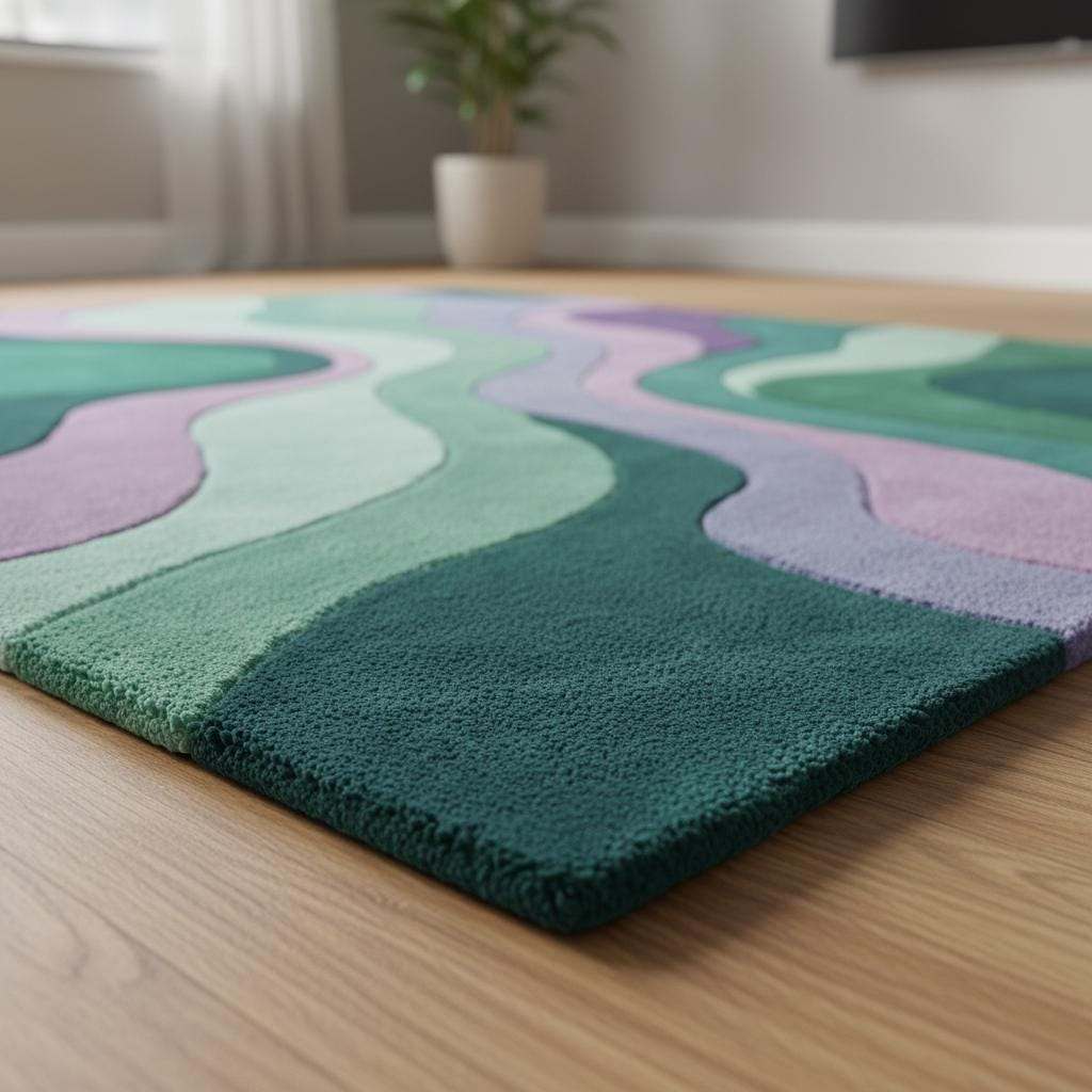 Artistic abstract rug in vibrant cool tones adding color and flow to a cozy modern reading corner.
