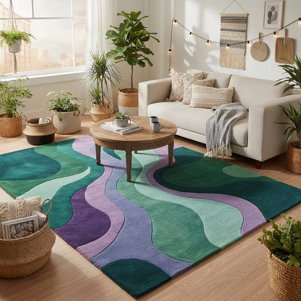 Colorful mid century modern rug with curving lines and soft plush texture used as a living room statement piece