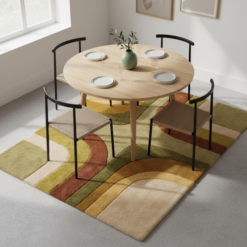 Boho modern area rug in warm tones, styled with indoor plants and wooden console table for a cozy home aesthetic.