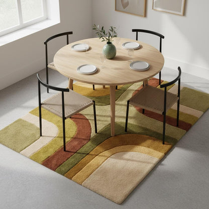 Boho modern area rug in warm tones, styled with indoor plants and wooden console table for a cozy home aesthetic.